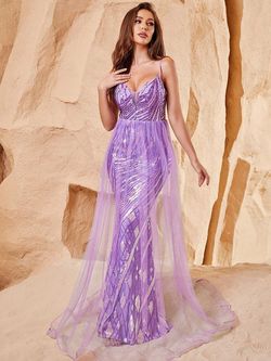 Style FSWD0912 Faeriesty Purple Size 0 Spaghetti Strap Polyester Tall Height Mermaid Dress on Queenly