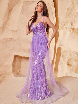 Style FSWD0912 Faeriesty Purple Size 4 Tall Height Sheer Jewelled Sequined Spaghetti Strap Mermaid Dress on Queenly