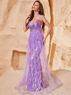 Style FSWD0912 Faeriesty Purple Size 8 Sequin Sheer Military Mermaid Dress on Queenly