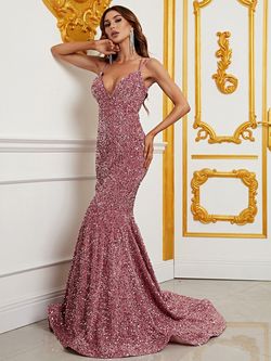 Style FSWD0594 Faeriesty Pink Size 4 Sequined Jewelled Spaghetti Strap Military Mermaid Dress on Queenly