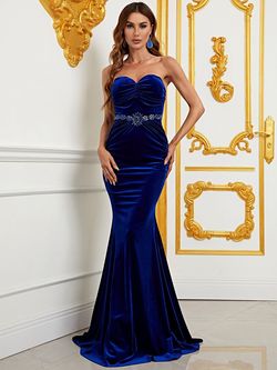 Style FSWD0918 Faeriesty Blue Size 0 Floor Length Jersey Velvet Tall Height Mermaid Dress on Queenly