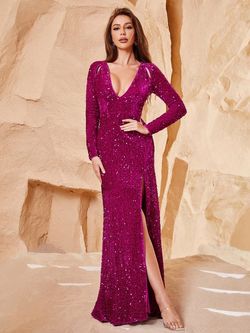 Style FSWD0590 Faeriesty Pink Size 8 Long Sleeve Sequined Barbiecore Polyester Side slit Dress on Queenly