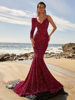Style FSWD8016 Faeriesty Pink Size 0 Flare Sleeves Sequin Long Sleeve Mermaid Dress on Queenly