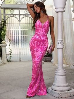 Style FSWD0681 Faeriesty Pink Size 8 Barbiecore Spaghetti Strap Nightclub Sequin Mermaid Dress on Queenly