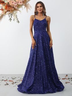 Style FSWD0853 Faeriesty Blue Size 4 Spaghetti Strap Sequin Floor Length Fswd0853 A-line Dress on Queenly