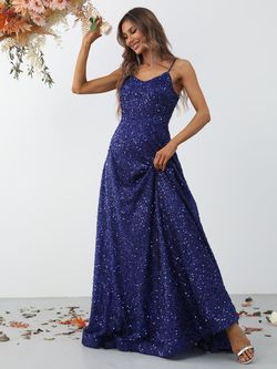 Style FSWD0853 Faeriesty Blue Size 12 Spaghetti Strap Sequin Floor Length Fswd0853 A-line Dress on Queenly