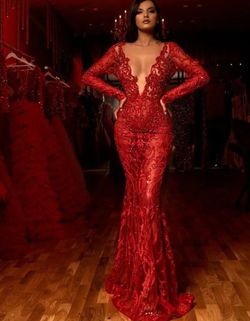 Albina Dyla Red Size 8 Black Tie Pageant Prom Free Shipping Mermaid Dress on Queenly