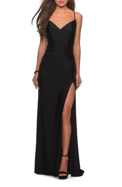 La Femme Black Tie Size 4 Spaghetti Strap Side slit Dress on Queenly