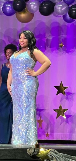B. Darlin Blue Size 16 Plus Size Short Height Prom Straight Dress on Queenly