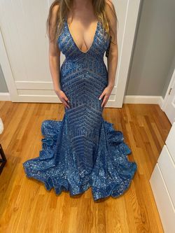 Jovani Blue Size 6 Wedding Guest Free Shipping Jewelled Sequined Mermaid Dress on Queenly