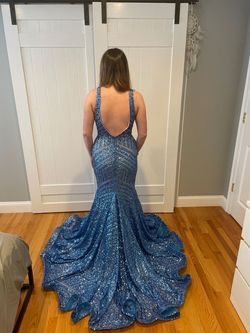 Jovani Blue Size 6 Sequined Liquid Beaded Mermaid Dress on Queenly