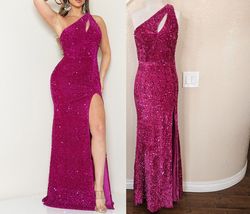 Style Fuchsia Pink Sequined One Shoulder Cut Out Side Slit Gown Maniju Pink Size 8 Summer Side slit Dress on Queenly