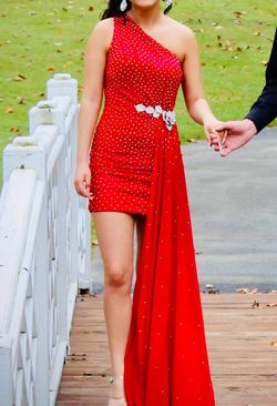 Jovani Red Size 2 Homecoming Asymmetrical Sequined Cocktail Dress on Queenly