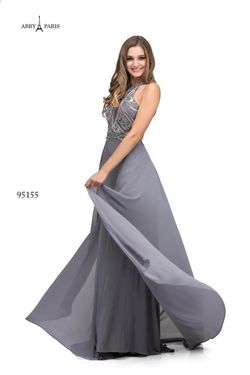 Style 95155 Abby Paris Silver Size 8 Tulle Train Dress on Queenly