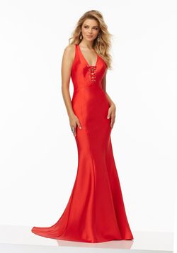 Style 99076 MoriLee Red Size 12 Satin Tall Height Train Mermaid Dress on Queenly
