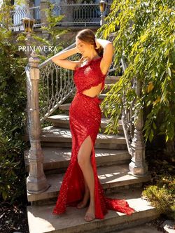 Style 3798 Primavera Red Size 2 Floor Length Black Tie Side slit Dress on Queenly