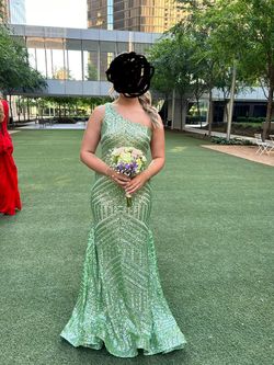 Jovani Green Size 6 Asymmetrical Medium Height Wedding Guest Train Dress on Queenly