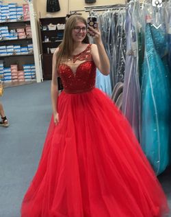 Sherri Hill Bright Red Size 10 Sheer Tulle Prom Jewelled Ball gown on Queenly