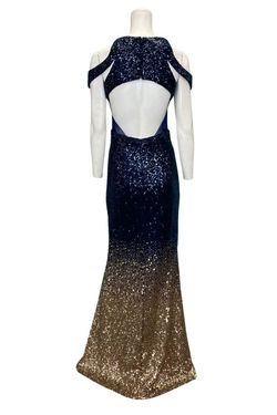 Style 3299 Dave and Johnny Blue Size 4 Sequined Navy Sheer Tall Height Straight Dress on Queenly