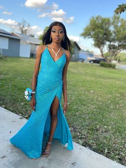 La Femme Light Blue Size 0 Prom Sequined Side slit Dress on Queenly