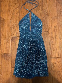Ashley Lauren Blue Size 4 Prom Sequin Midi Cocktail Dress on Queenly