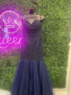 Mac Duggal Blue Size 4 Navy Fully Beaded Floor Length Beaded Top Mermaid Dress on Queenly