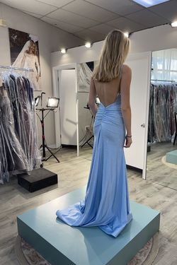 Style 54800 Sherri Hill Blue Size 4 Spaghetti Strap Train Prom Mermaid Dress on Queenly