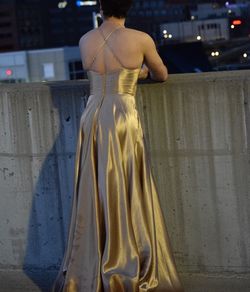 David's Bridal Gold Size 4 Side Slit Prom A-line Dress on Queenly
