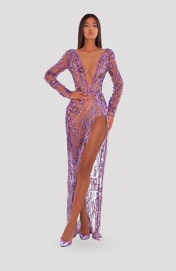 Style AD5032 Albina Dyla Purple Size 4 Long Sleeve Sequined Straight Dress on Queenly