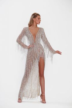 Style AD1957 Albina Dyla White Size 4 V Neck Floor Length Fringe Side slit Dress on Queenly