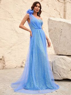 Style FSWD0909 Faeriesty Blue Size 0 One Shoulder Tall Height Floor Length A-line Dress on Queenly