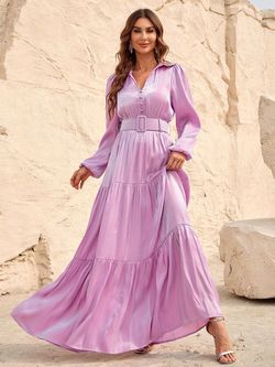 Style FSWD0966 Faeriesty Purple Size 4 Tall Height Belt Straight Dress on Queenly