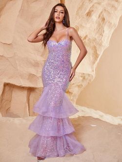 Style FSWD1135 Faeriesty Purple Size 4 Sequined Floor Length Mermaid Dress on Queenly