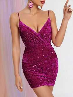 Style FSWD1008 Faeriesty Pink Size 16 Tall Height Sequined Spaghetti Strap Cocktail Dress on Queenly