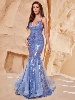 Style FSWD0673 Faeriesty Blue Size 0 Floor Length Tall Height Sheer Polyester Sequined Mermaid Dress on Queenly