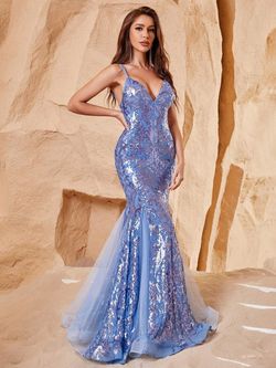 Style FSWD0673 Faeriesty Blue Size 8 Prom Sequined Custom Military Sheer Mermaid Dress on Queenly