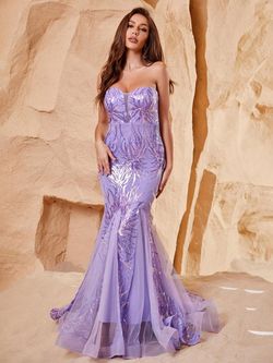Style FSWD1176 Faeriesty Purple Size 0 Sheer Violet Military Sequined Mermaid Dress on Queenly