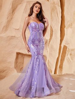 Style FSWD1176 Faeriesty Purple Size 0 Tall Height Sequined Sheer Mermaid Dress on Queenly