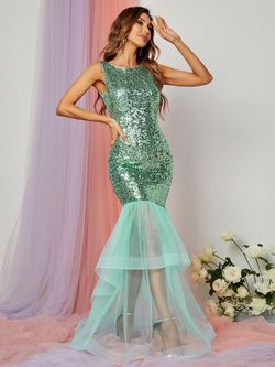 Style FSWD0836 Faeriesty Light Green Size 12 Tall Height Sequined Prom Straight Dress on Queenly