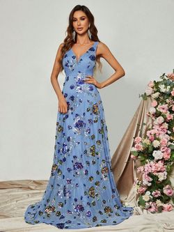 Style FSWD0844 Faeriesty Blue Size 8 Sequined Sheer A-line Dress on Queenly