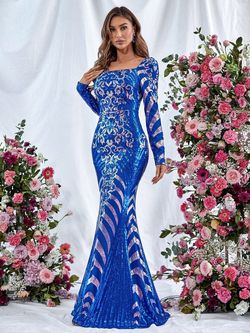 Style FSWD1061 Faeriesty Blue Size 4 Tall Height Military Polyester Mermaid Dress on Queenly