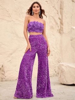 Style FSWU0357 Faeriesty Purple Size 8 Sequined Fswu0357 Floor Length Jumpsuit Dress on Queenly