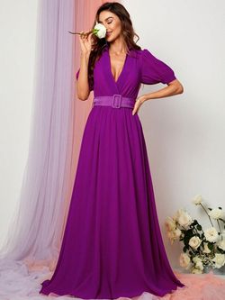 Style FSWD1113 Faeriesty Purple Size 0 V Neck Belt Straight Dress on Queenly
