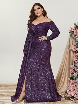 Style FSWD0392P Faeriesty Purple Size 20 Sequined Jersey Long Sleeve Side slit Dress on Queenly