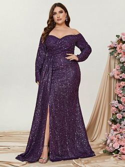 Style FSWD0392P Faeriesty Purple Size 28 Jersey Long Sleeve Sequined Tall Height Side slit Dress on Queenly