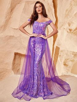 Style FSWD0682 Faeriesty Purple Size 8 Sequined Floor Length Mini Mermaid Dress on Queenly