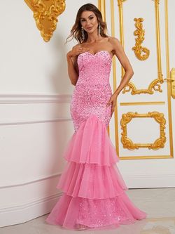 Style FSWD0371 Faeriesty Pink Size 0 Tall Height Military Sequined Mermaid Dress on Queenly