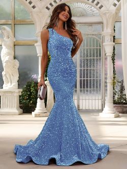Style FSWD0588 Faeriesty Blue Size 0 Floor Length Jersey One Shoulder Tall Height Mermaid Dress on Queenly