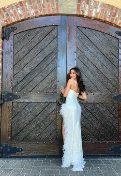 Jovani Nude Size 2 Glitter Plunge Prom Side slit Dress on Queenly