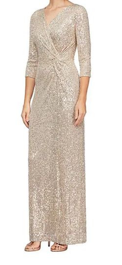 Alex Evenings Gold Size 14 Sequined Long Sleeve Straight Dress on Queenly